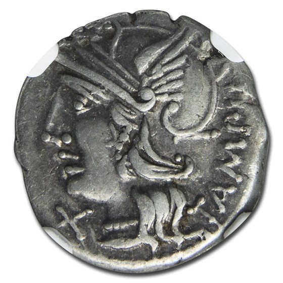 Roman Republic Silver AR Denarius M. Baebius (C.137 BC) XF NGC Roman Republic Silver AR Denarius M. Baebius (C.137 BC) XF NGC